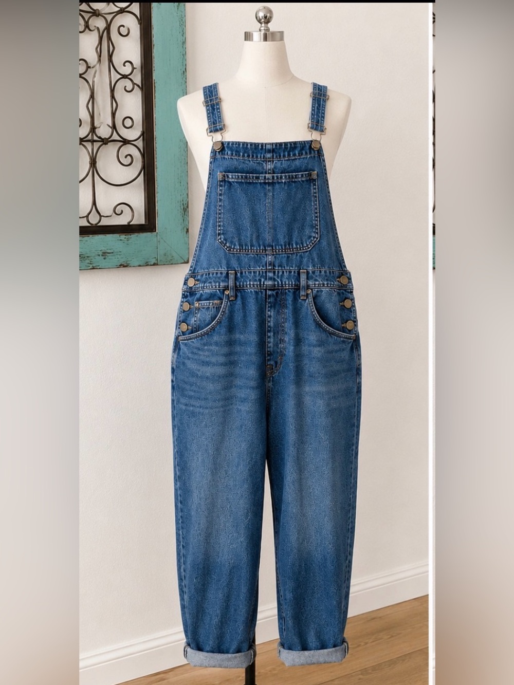 Free People We The Free Denim Overalls XL 100% Cotton Slouchy Leg - Picture 2 of 11